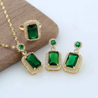 Classic Green Rhinestone Chain Pendant Earrings Set (4 pcs)